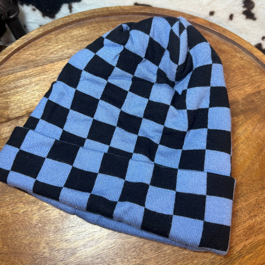 BEANIE WITH 1 PATCH- BLUE CHECKERED